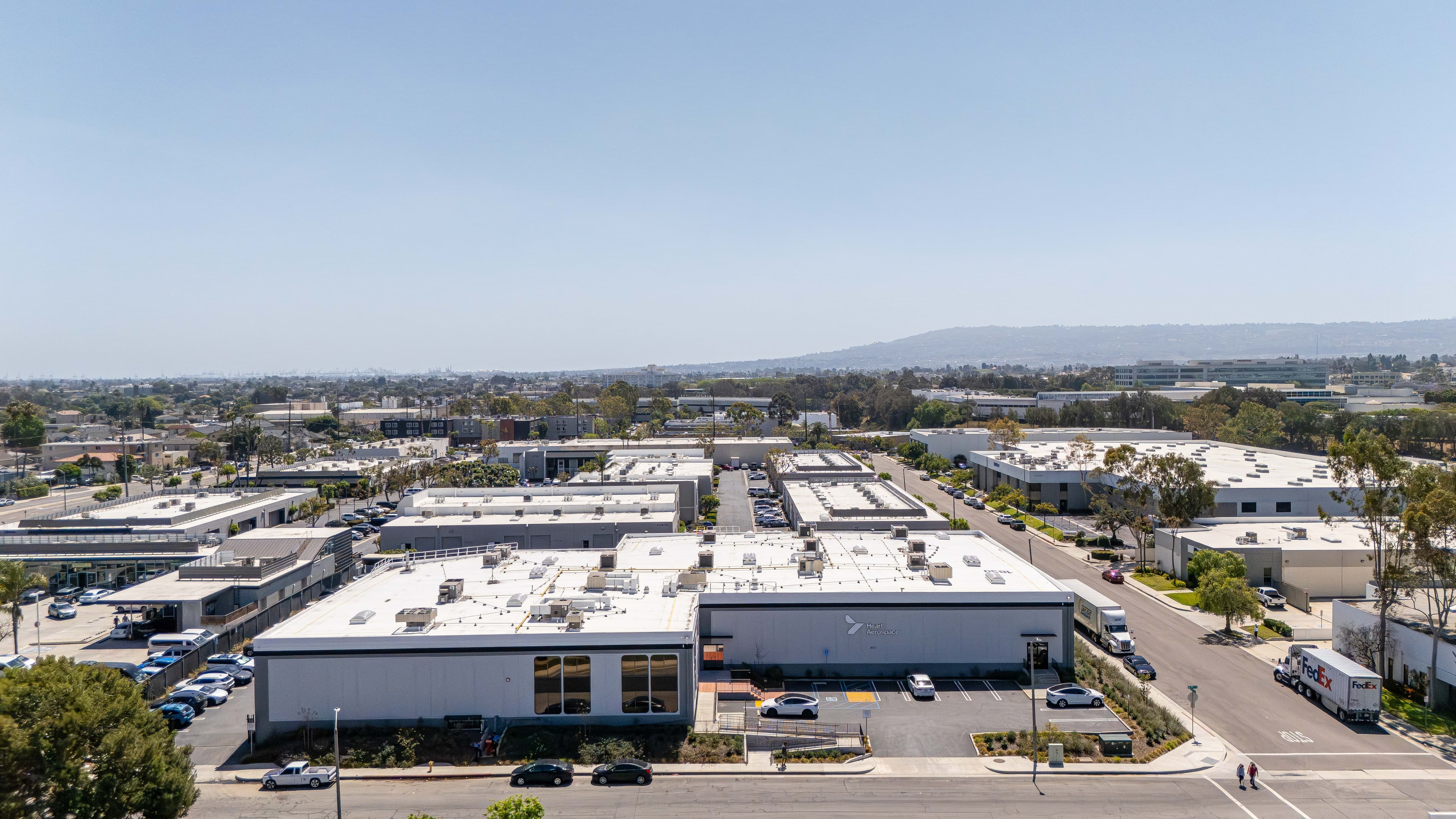 Aerial view of the Heart Aerospace Los Angeles Pilot Plant building in Torrance, California