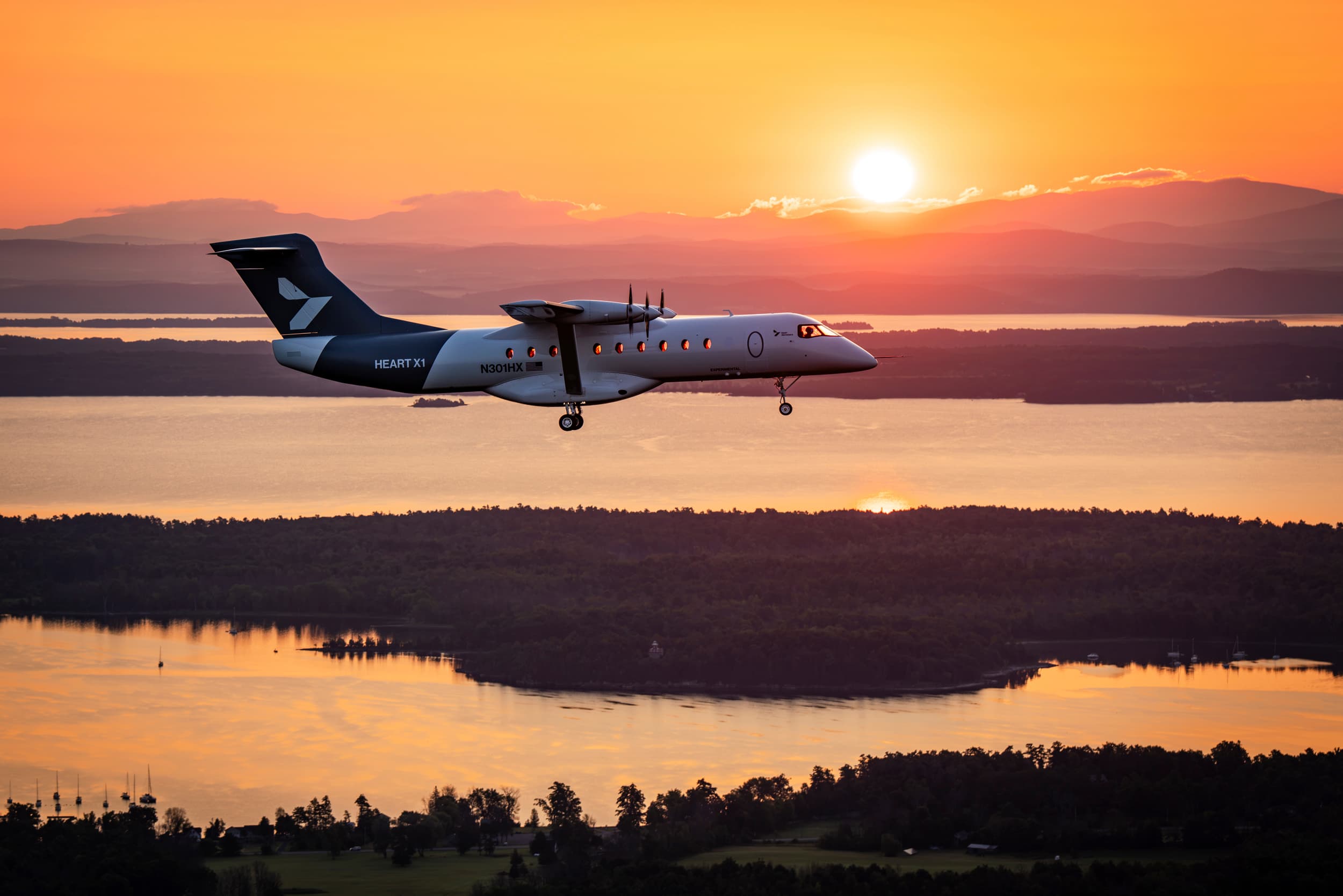 Close side view of Heart Aerospace’s X1 electric demonstrator flying.