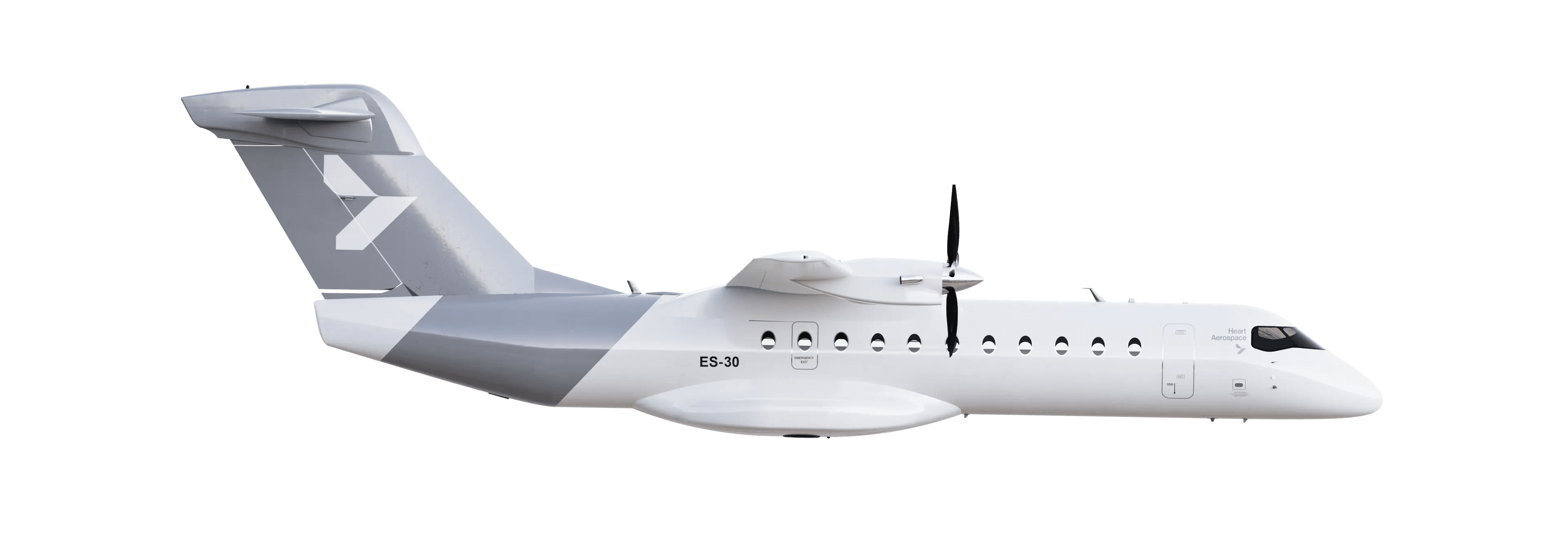 Heart Aerospace ES-30 hybrid-electric aircraft, studio render side profile with livery