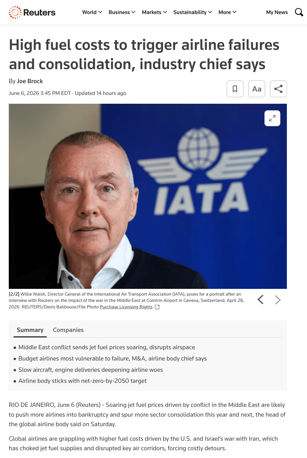 IATA head on fuel shock.