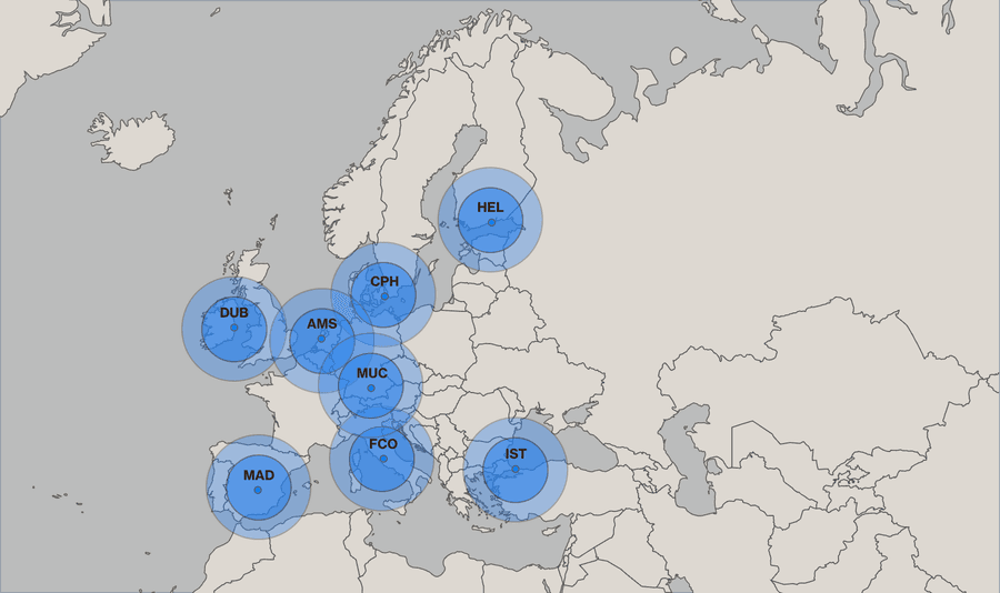 Map of Europe showing 500-mile coverage circles around DUB, AMS, CPH, HEL, MUC, FCO, MAD, IST