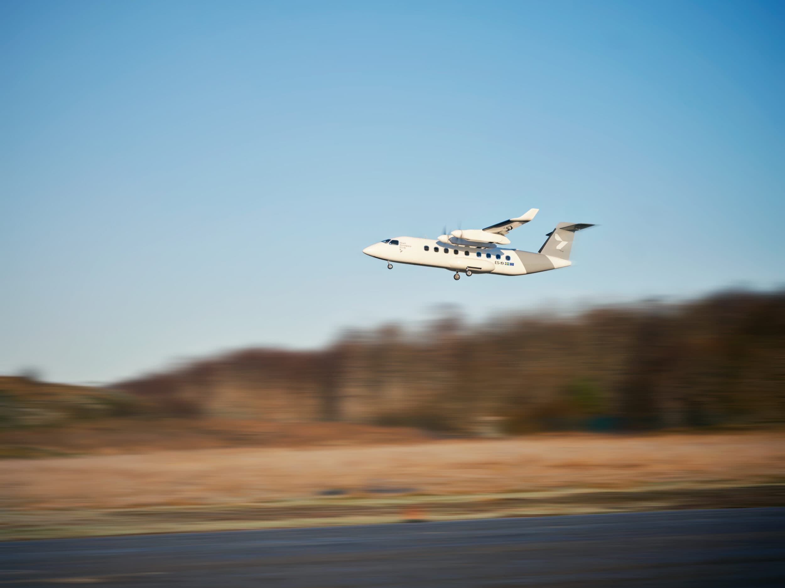 Subscale ES-19 demonstrator on the airfield at sunrise