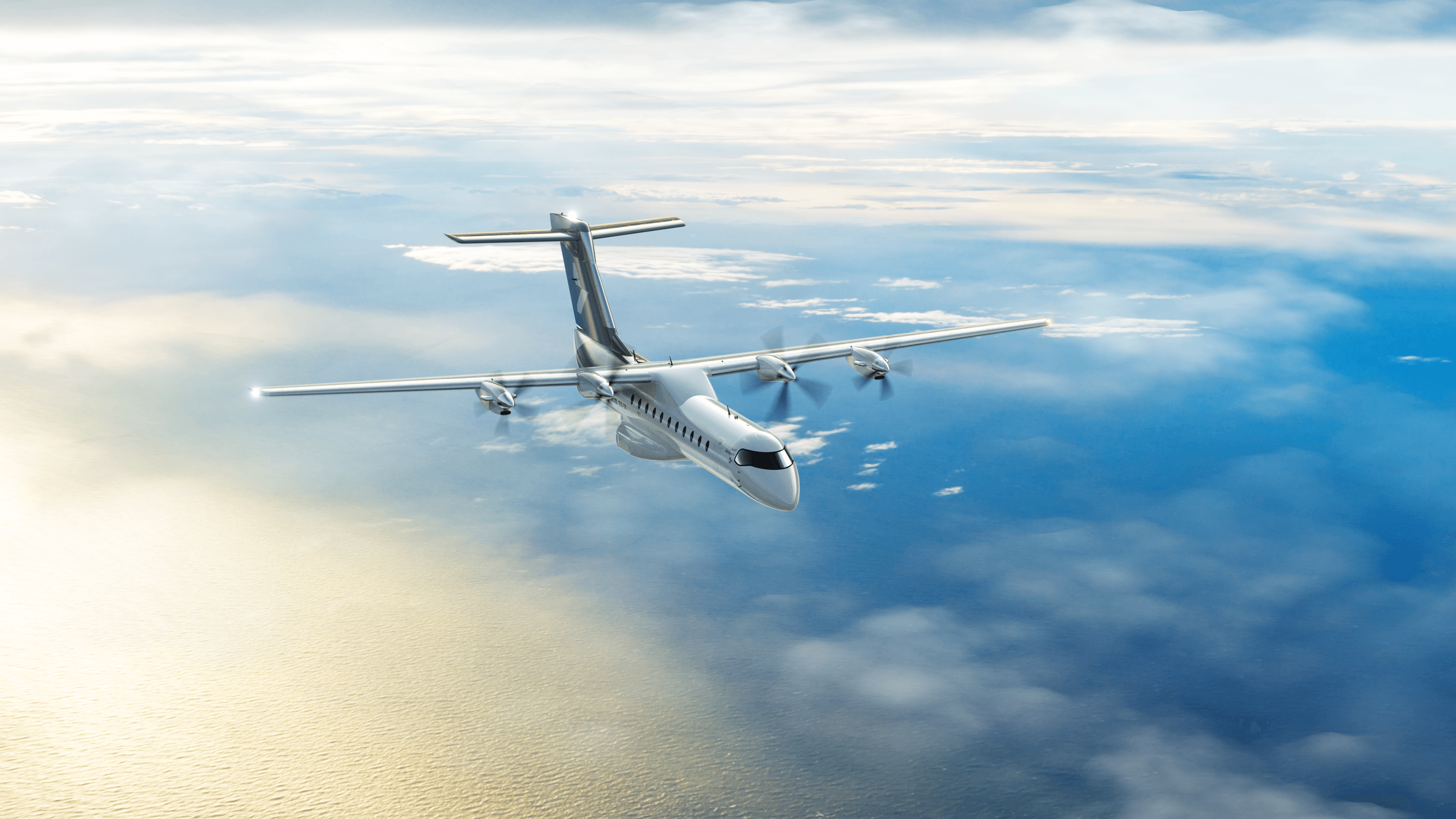 Render of the Heart ES-30 hybrid-electric aircraft in flight above the ocean