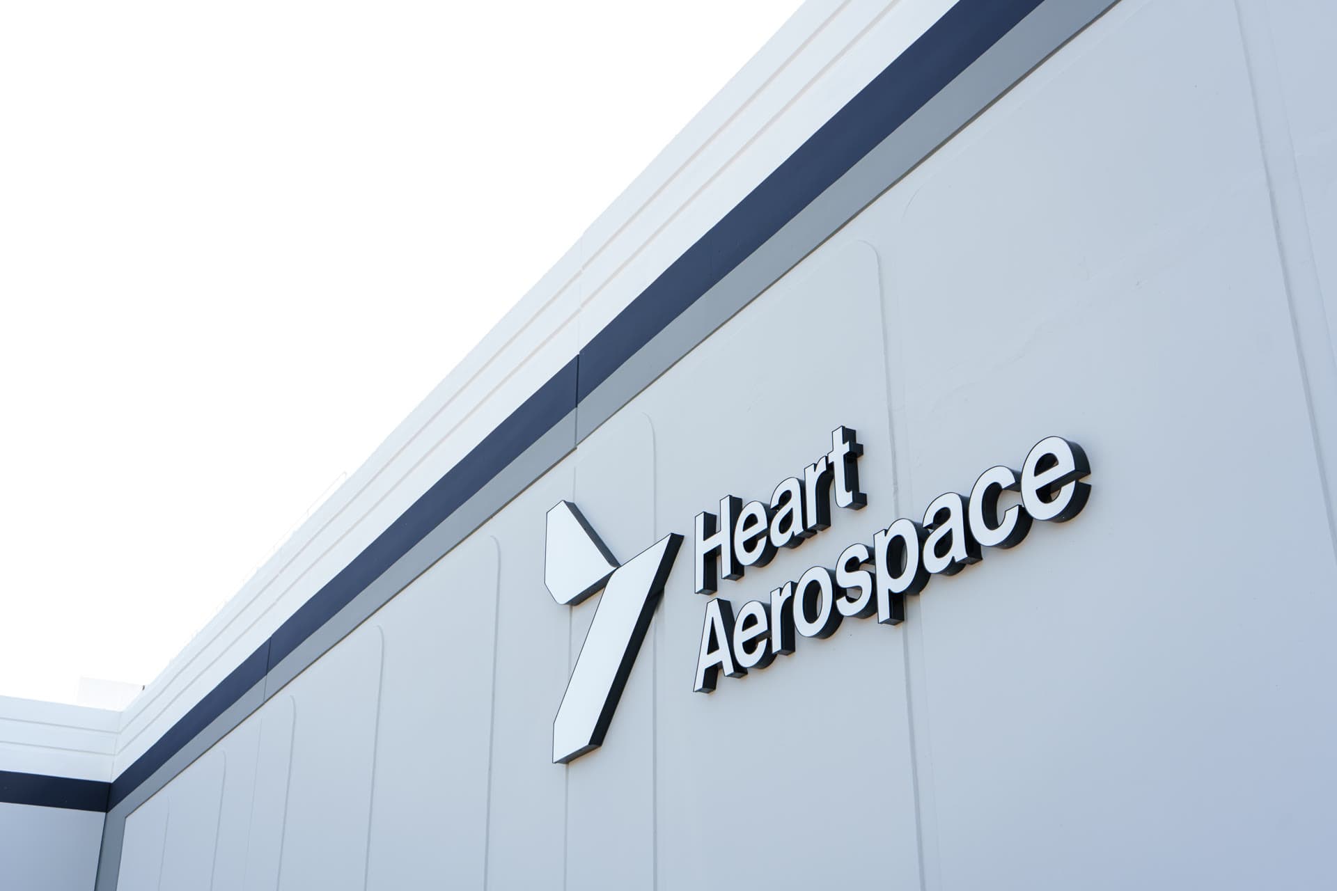 Heart Aerospace logo and signage on the exterior of the Los Angeles headquarters building