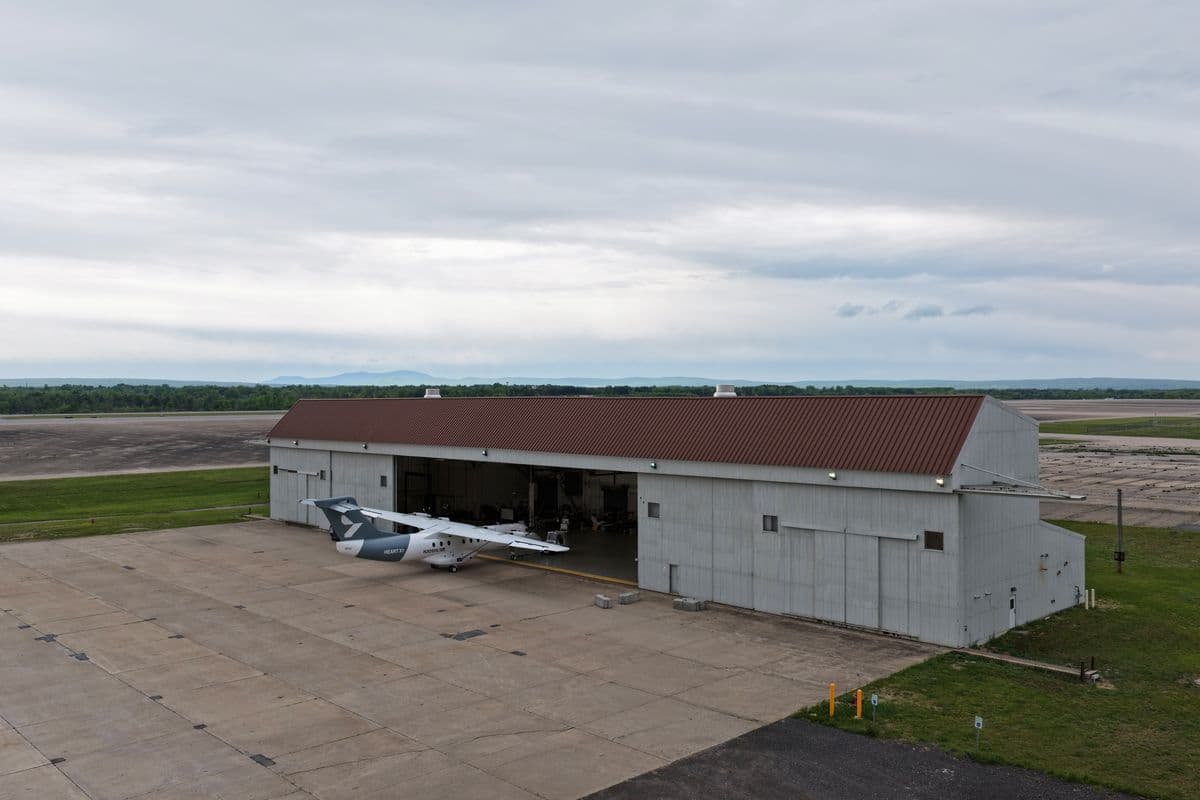 Heart Aerospace X1 flight test base hangar at Plattsburgh, New York