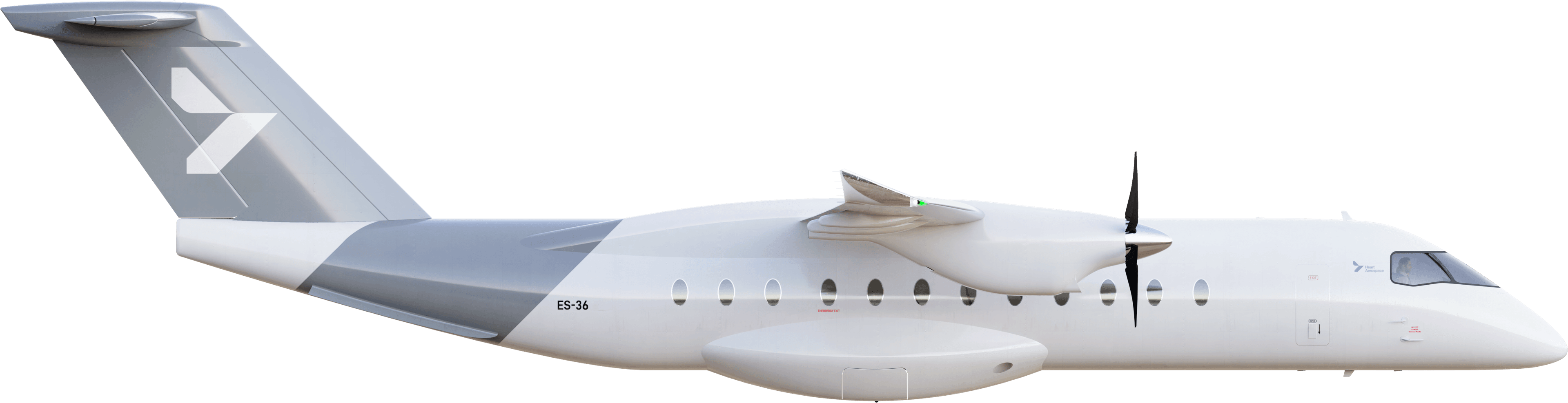 Heart Aerospace ES-36 hybrid-electric aircraft, studio render side profile with livery