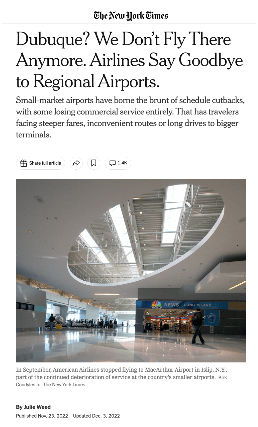 New York Times - Dubuque? We Don’t Fly There Anymore. Airlines Say Goodbye to Regional Airports.