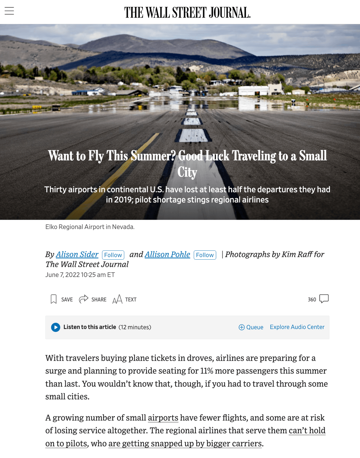 Wall Street Journal - Want to Fly This Summer? Good Luck Traveling to a Small City