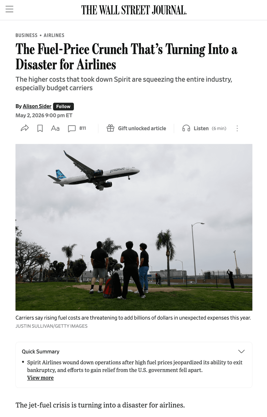 The Wall Street Journal - The Fuel-Price Crunch That’s Turning Into a Disaster for Airlines