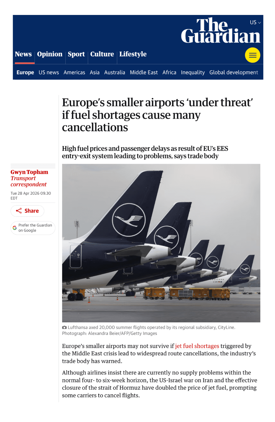 The Guardian - Europe’s smaller airports ‘under threat’ if fuel shortages cause many cancellations