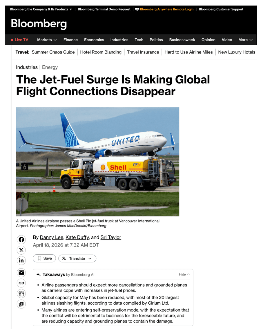 Bloomberg - The Jet-Fuel Surge Is Making Global Flight Connections Disappear